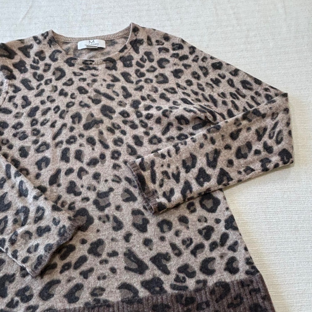 Magaschoni 100% Cashmere Leopard Print Crewneck Sweater XL Brown Animal Print